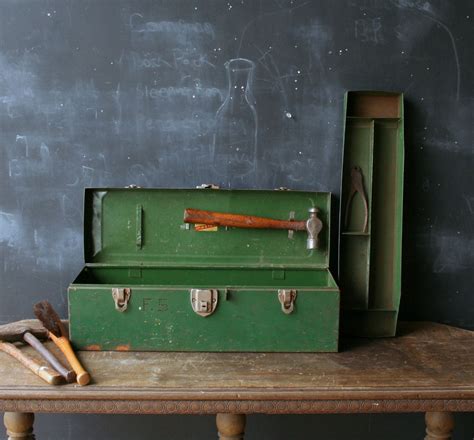 vintage metal tool box with leather habdle|Vintage Tool Box Leather Handle for sale .